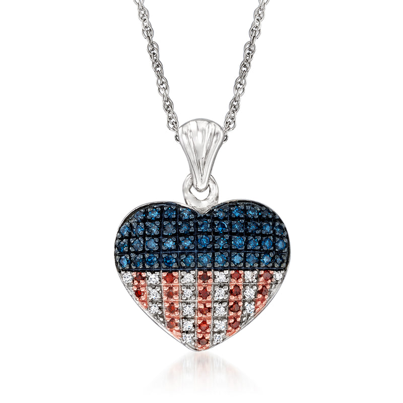Sterling silver diamond heart pendant necklace with red, white, and blue stones