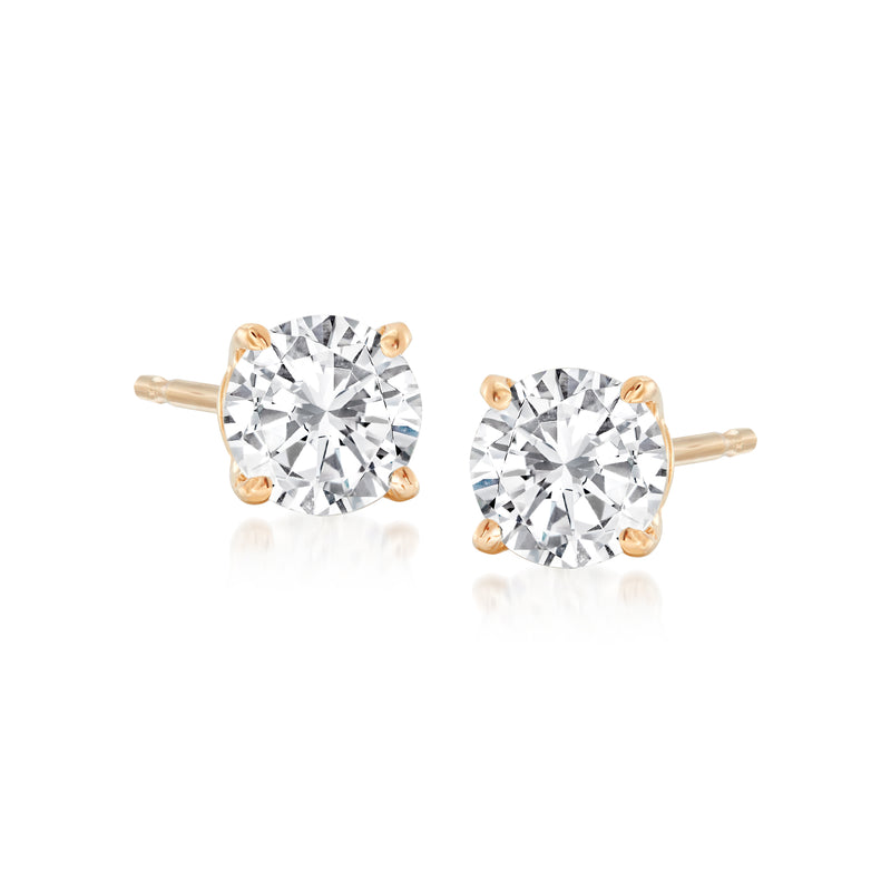 14kt yellow gold prong-set round diamond stud earrings, classic bezel