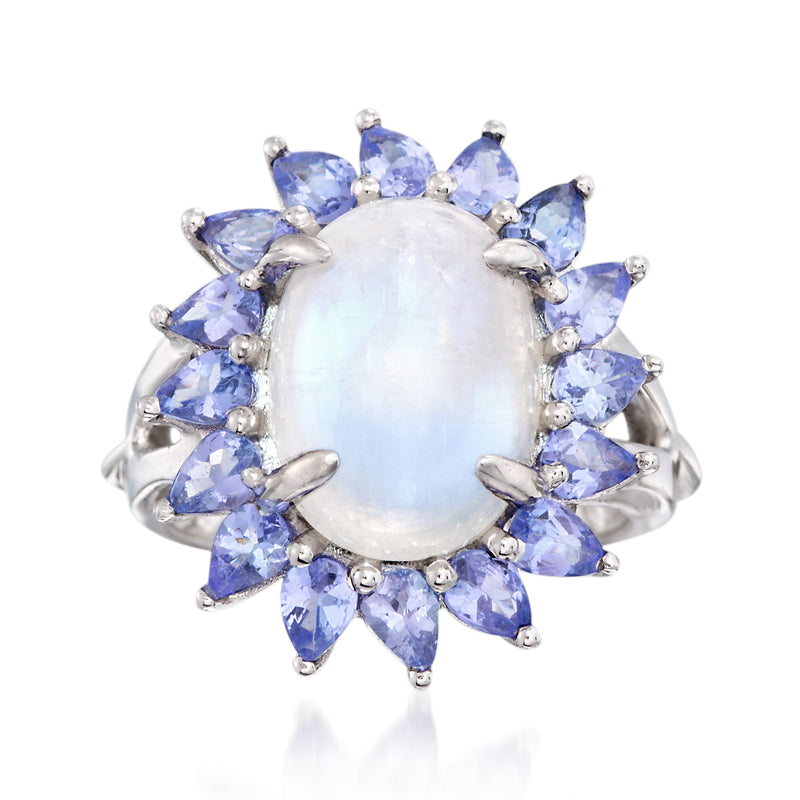 Sterling silver ring with opalescent moonstone center and blue tanzanite halo