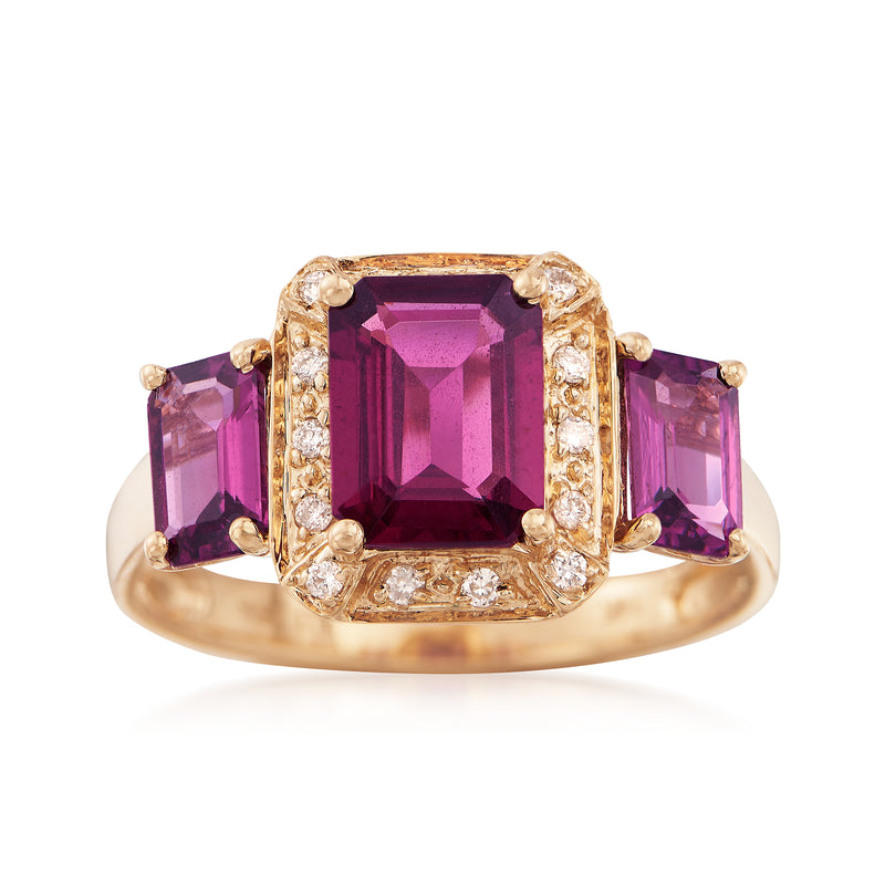 14kt yellow gold rhodolite garnet ring with square purple center and diamond accents