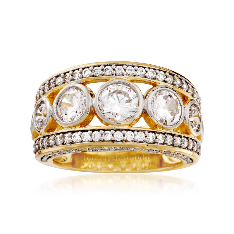 CZ ring in yellow gold over sterling silver with round bezel-set stones and pavé edges