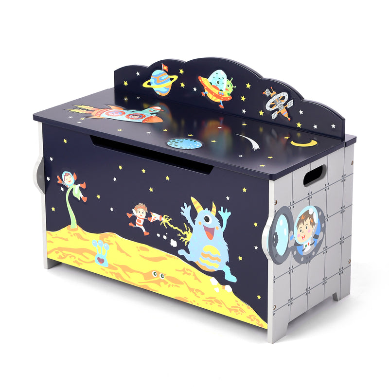 Children's wooden toy chest with outer space rocket and astronaut artwork, lift-top lid