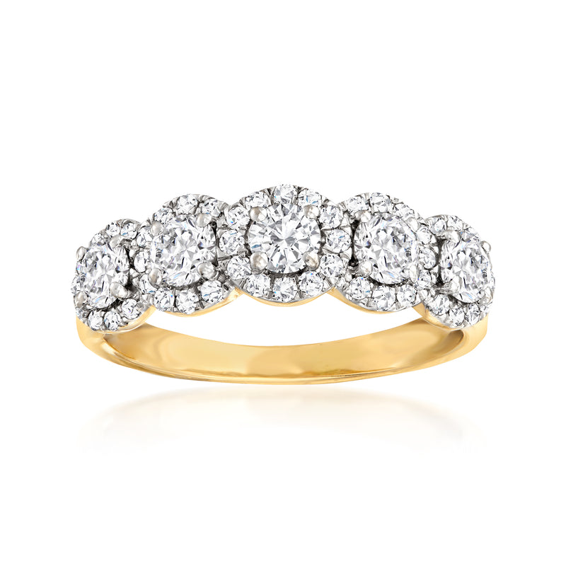 14kt yellow gold five-stone diamond halo ring with round brilliant stones