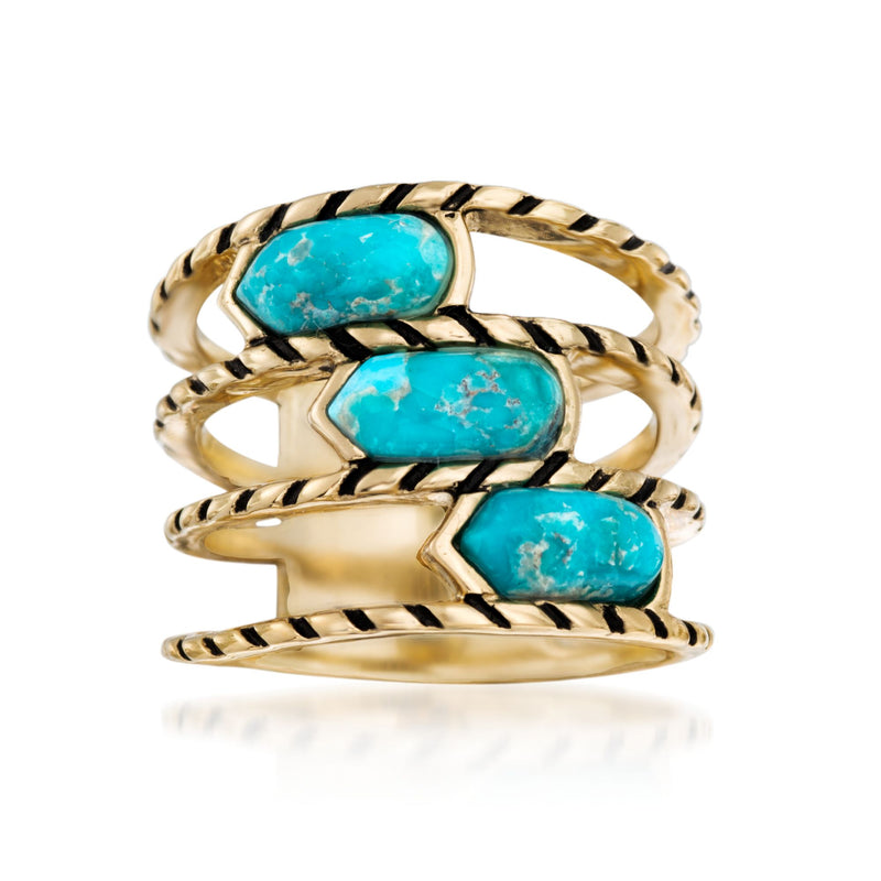 Turquoise oval multi-row ring with black enamel, 18kt yellow gold over sterling