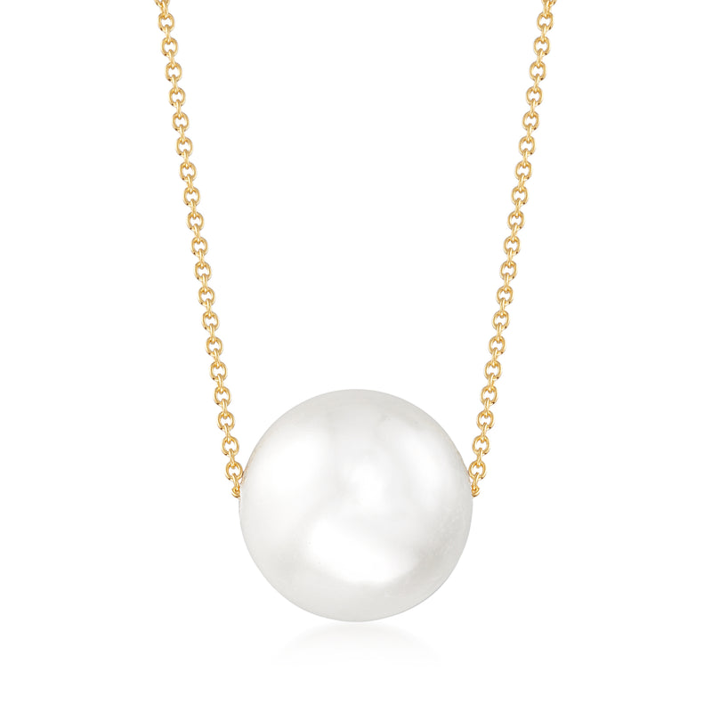 Pearl solitaire necklace with round white shell pearl on gold-tone chain