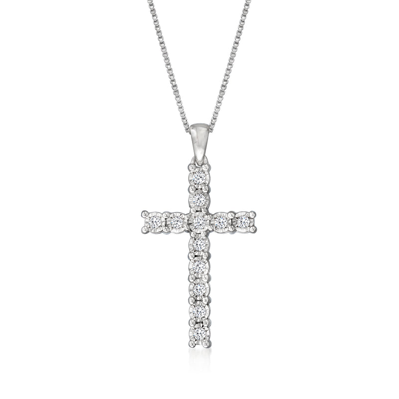 Sterling silver diamond cross pendant necklace, front view