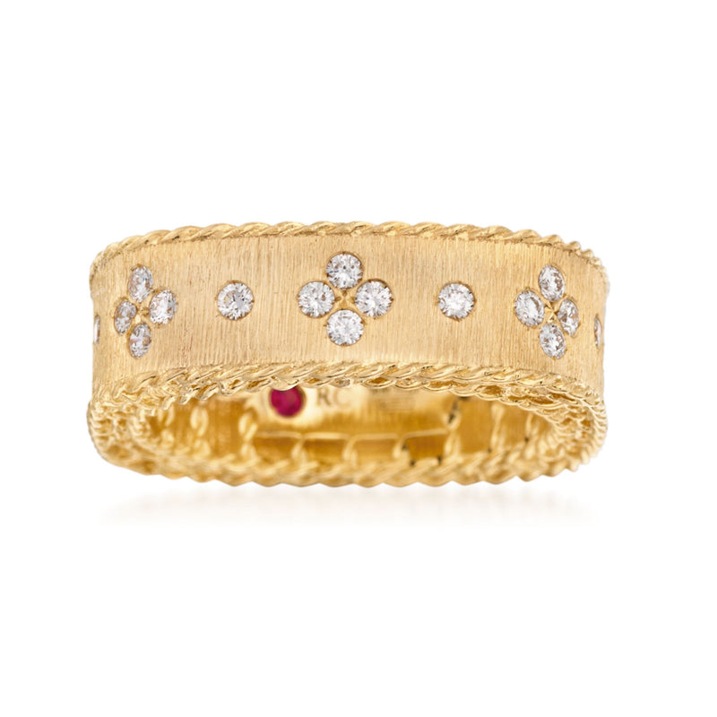 18kt yellow gold square ring with diamond flower settings and a small red stone accent