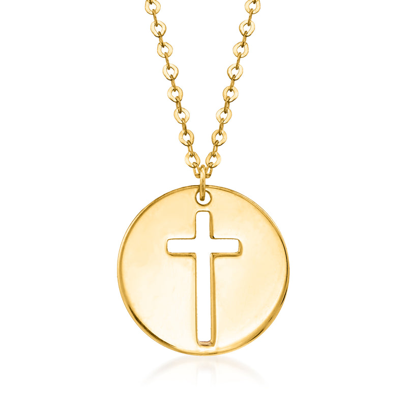 14kt yellow gold round pendant necklace with raised cross cutout and link chain