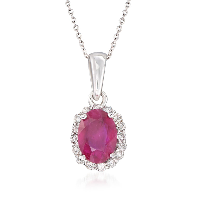 14kt white gold pendant necklace with oval ruby center and diamond halo