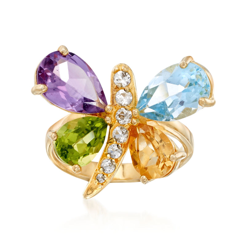 Butterfly ring in gold over sterling with oval purple, green, and blue stones and clear accents