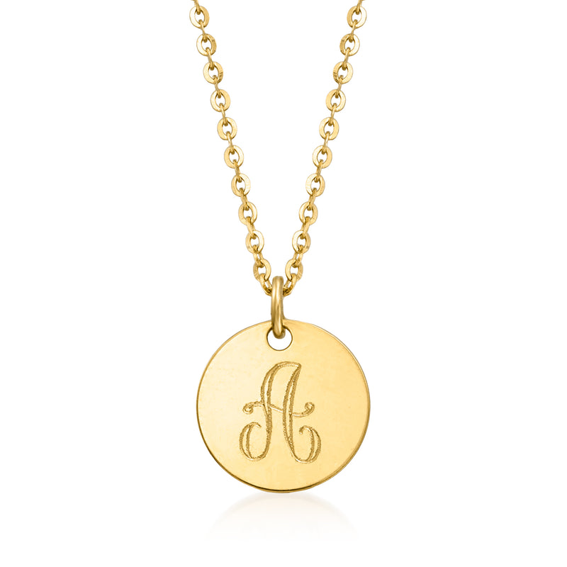 Round yellow gold charm necklace with personalized cursive monogram on disc