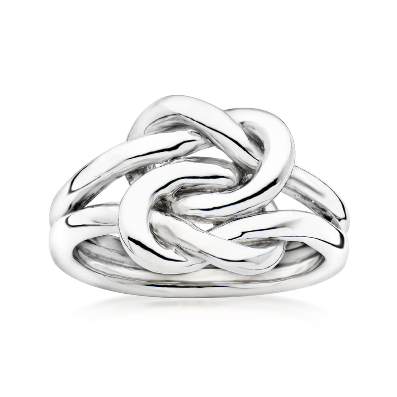 Sterling silver double love knot ring with braided knot design, polished shine