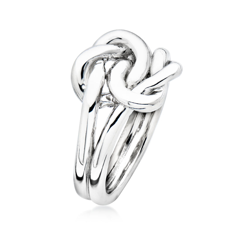Sterling silver love-knot ring, openwork intertwined loops, smooth polished finish