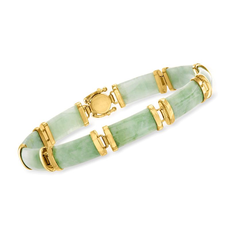 Green jade bar bracelet with gold links and toggle clasp
