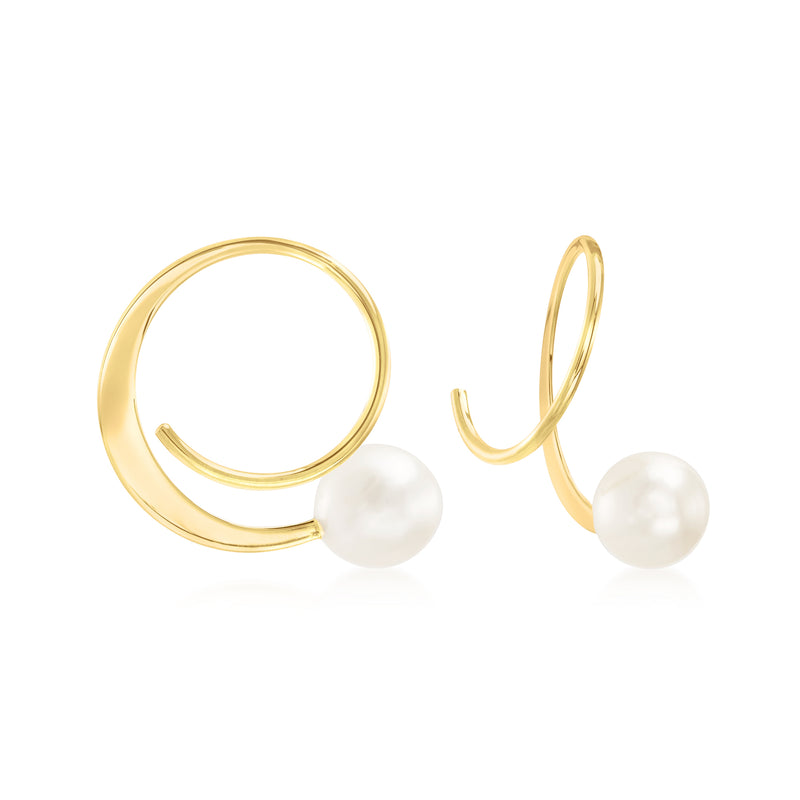 14kt yellow gold spiral hoop earrings with cultured pearl drop