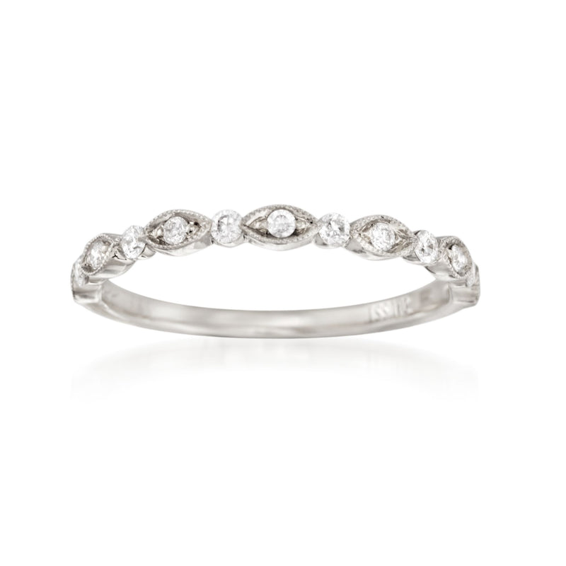 18kt white gold diamond wedding band with linked round stones, contoured profile