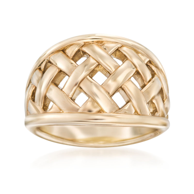 14kt yellow gold open basketweave ring with lattice cutout design, polished band