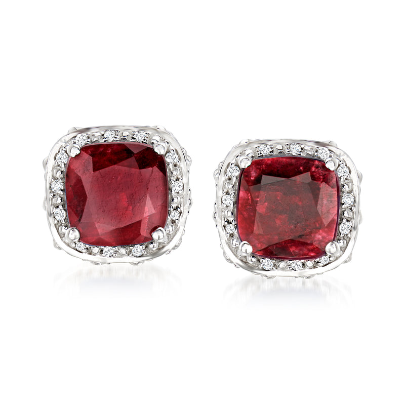 Sterling silver ruby and white topaz stud earrings with square red gemstone halo