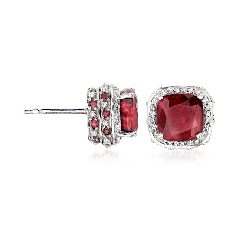 Sterling silver stud earrings with ruby cushion center, white topaz halo, post back