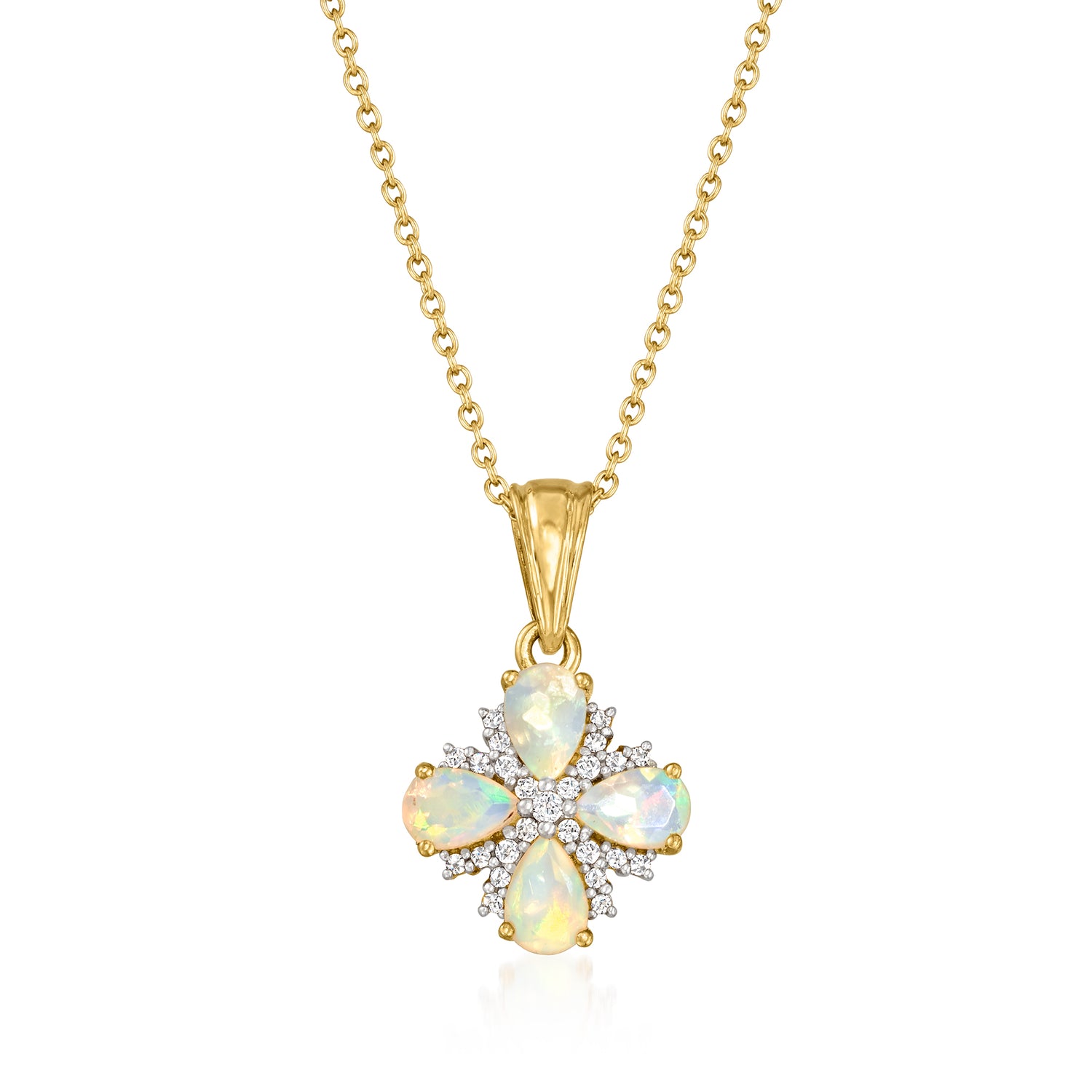 Ethiopian Opal and .10 ct. t.w. White Topaz Floral Pendant Necklace in 18kt Gold Over Sterling