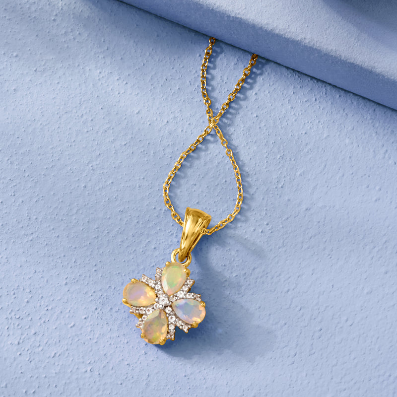 Gold chain pendant necklace with opal-like floral flower drop and clear stones