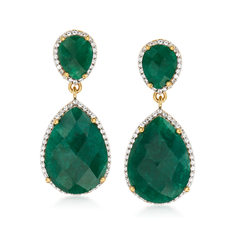 Gold drop earrings with emerald-green oval gems and diamond-like halo accents