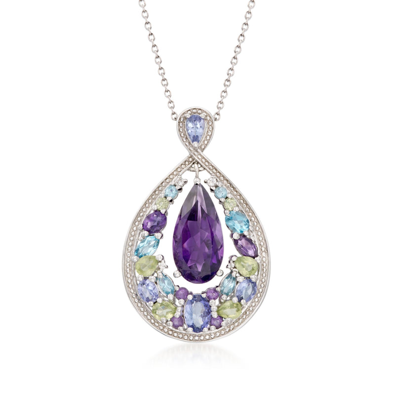 Sterling silver teardrop pendant necklace with purple oval centerpiece and multi-color stones