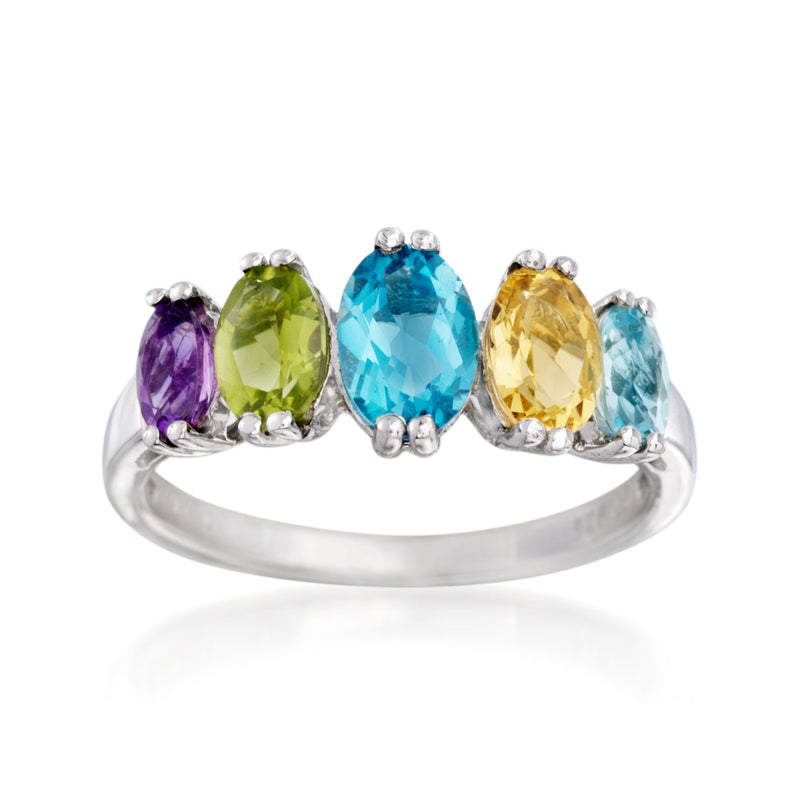Sterling silver multi-stone ring with oval blue, green, purple, yellow gemstones