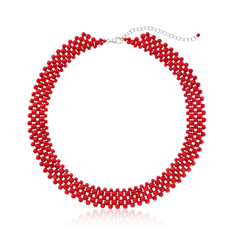 Red coral bead collar necklace with sterling silver clasp and chain