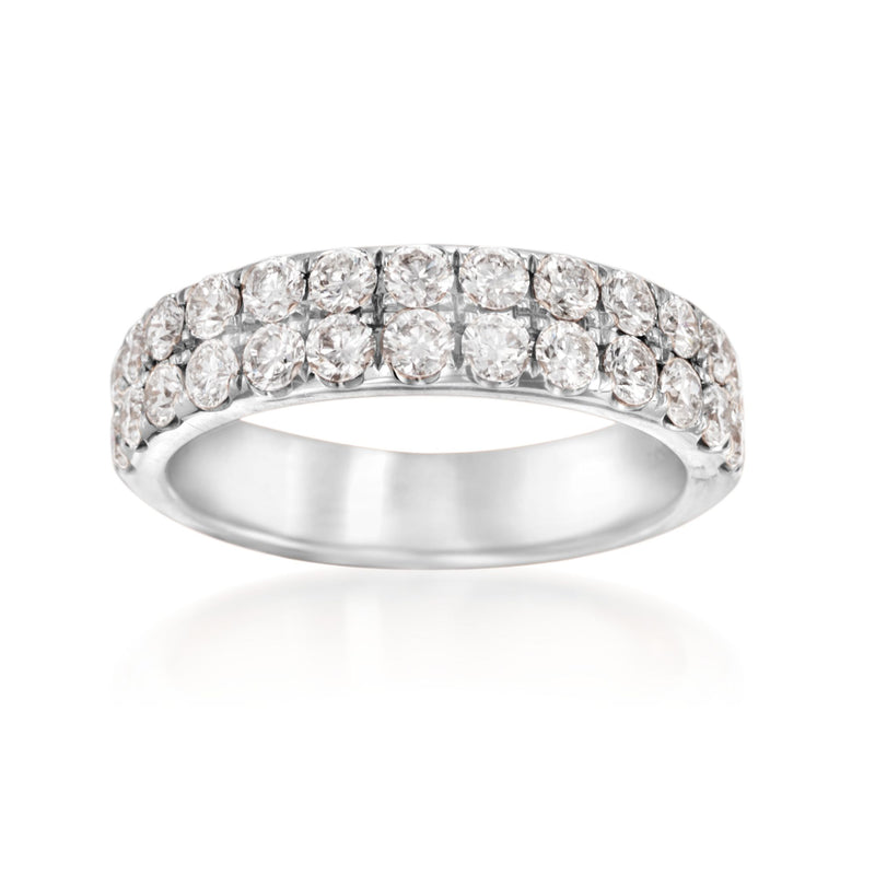 14kt white gold diamond double row wedding ring with round stones, polished band