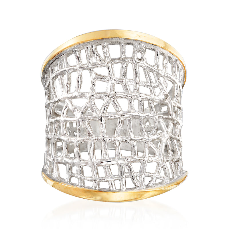 Two-tone ring with sterling silver lattice design and 14kt yellow gold bezel edges