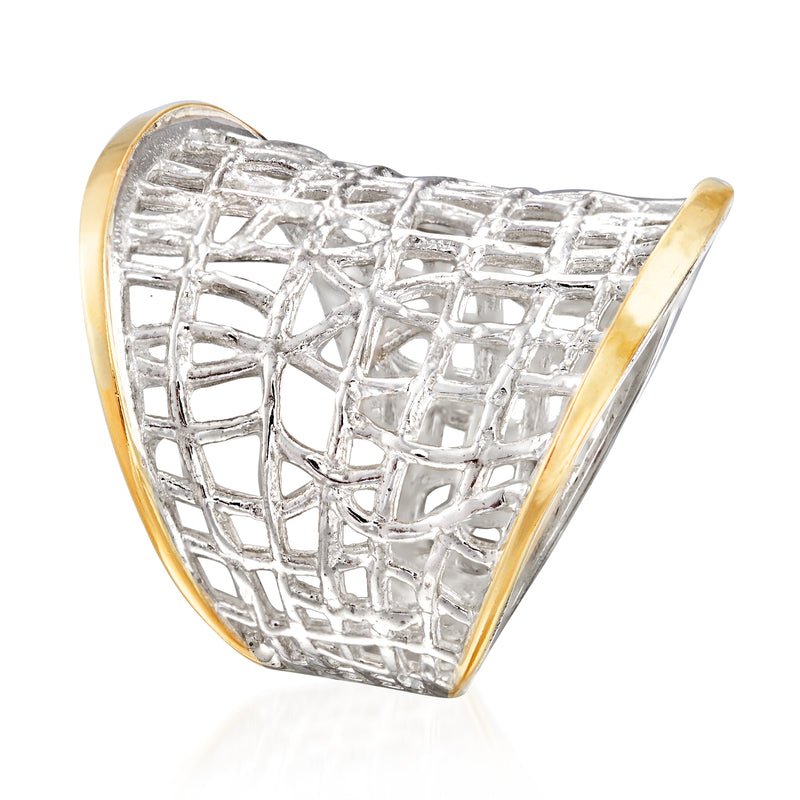 Sterling silver free-form lattice ring with yellow gold edge, side view