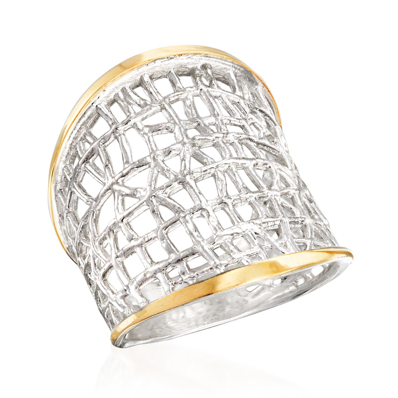 Sterling silver free-form lattice ring with yellow gold band, angled view