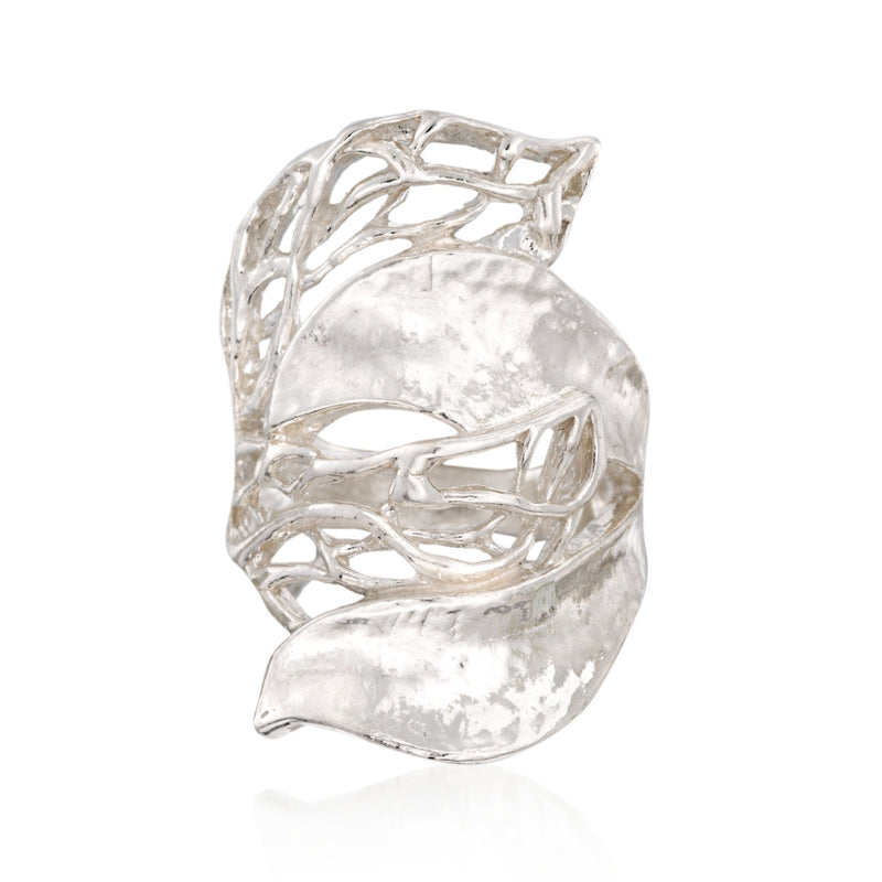 Hammered sterling silver statement ring with open lattice band and chunky oval top
