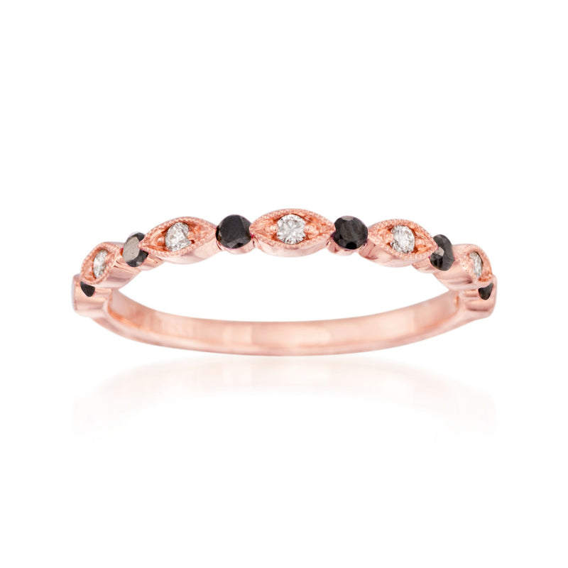 14k rose gold diamond ring with alternating black and white stones
