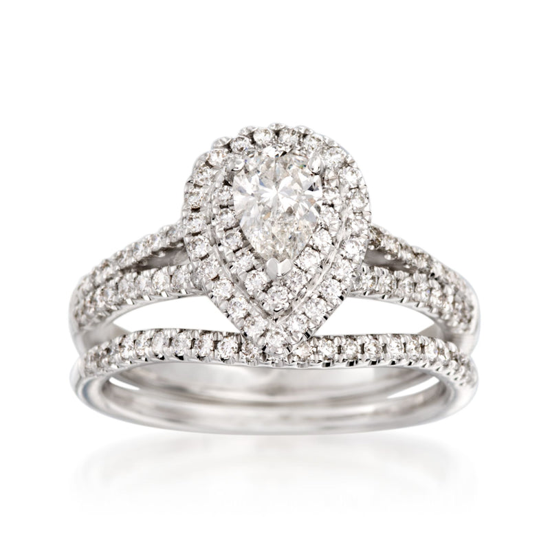 14kt white gold bridal set ring with oval double halo diamond center