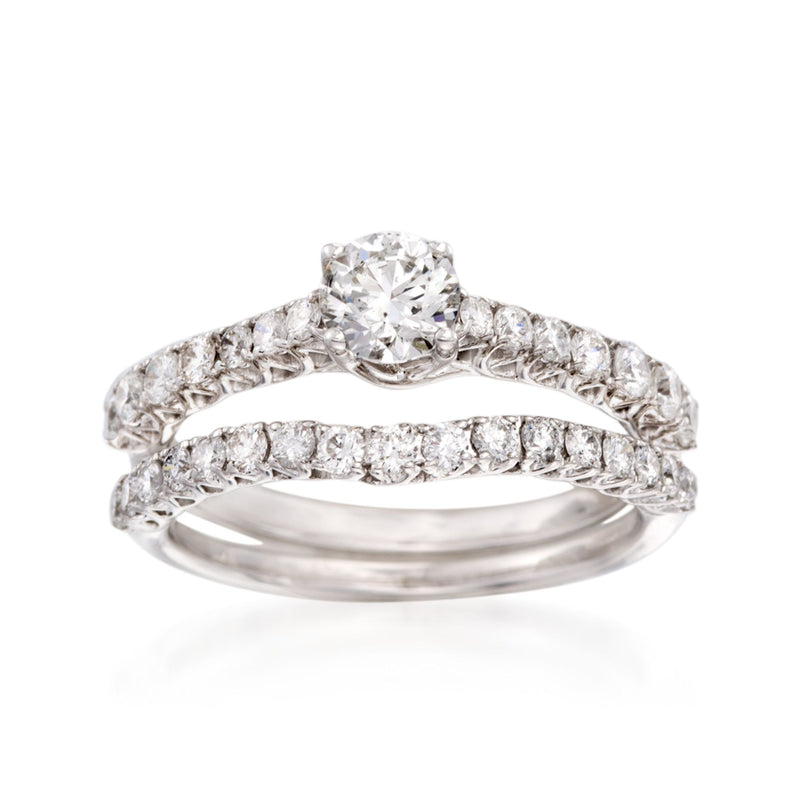 14kt white gold diamond bridal ring set with round center stone and pave bands
