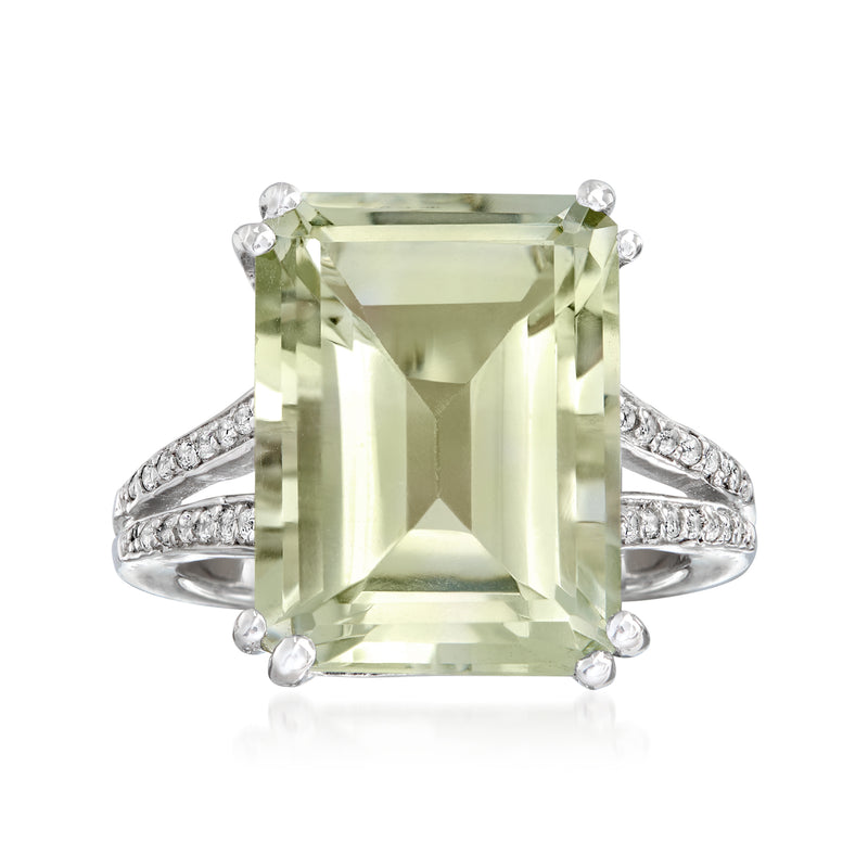 Sterling silver prasiolite ring with emerald-cut center and white topaz halo