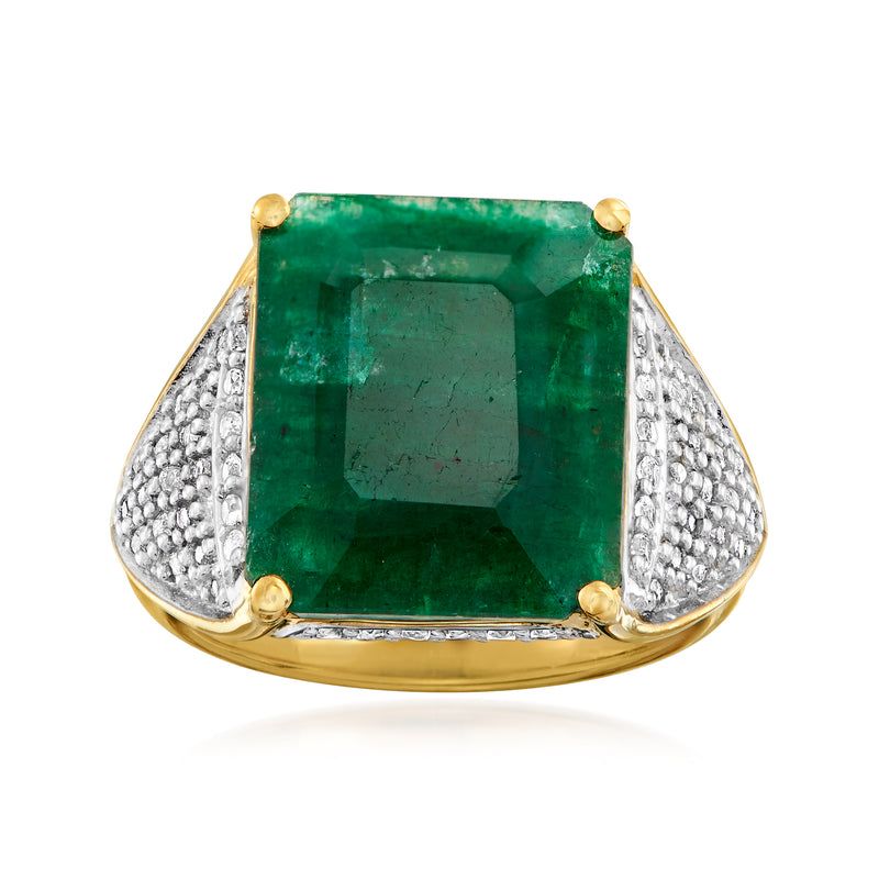 Green emerald-cut gemstone ring with white topaz accents, gold-tone setting