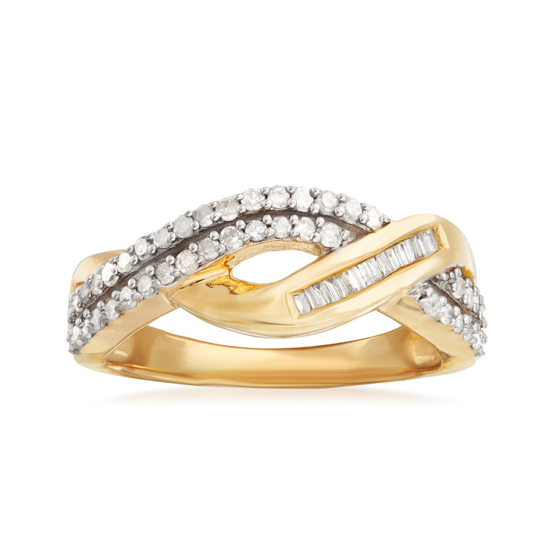 Diamond crisscross ring in 14kt gold over sterling with baguette and round stones