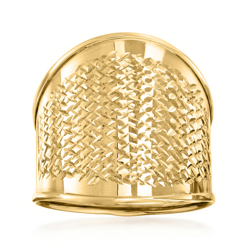 Wide 14kt yellow gold ring with textured diamond-pattern top
