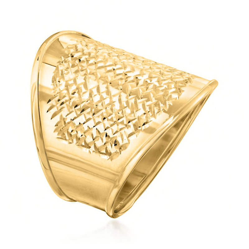 Wide 14kt yellow gold ring with faceted textured top seen at angle