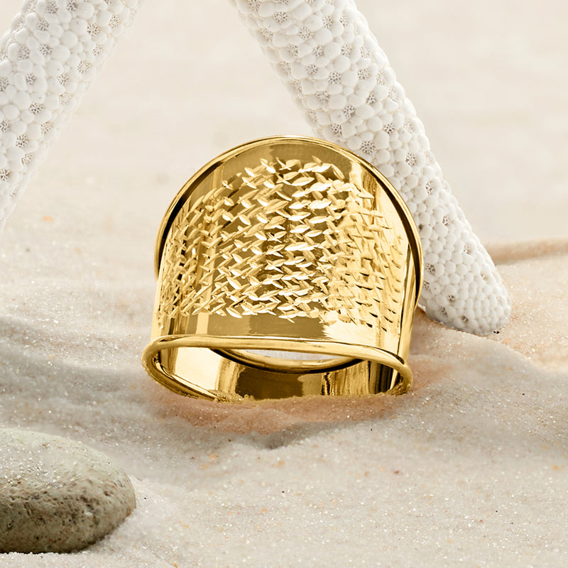 Wide 14kt yellow gold ring with textured lattice face and open band bottom