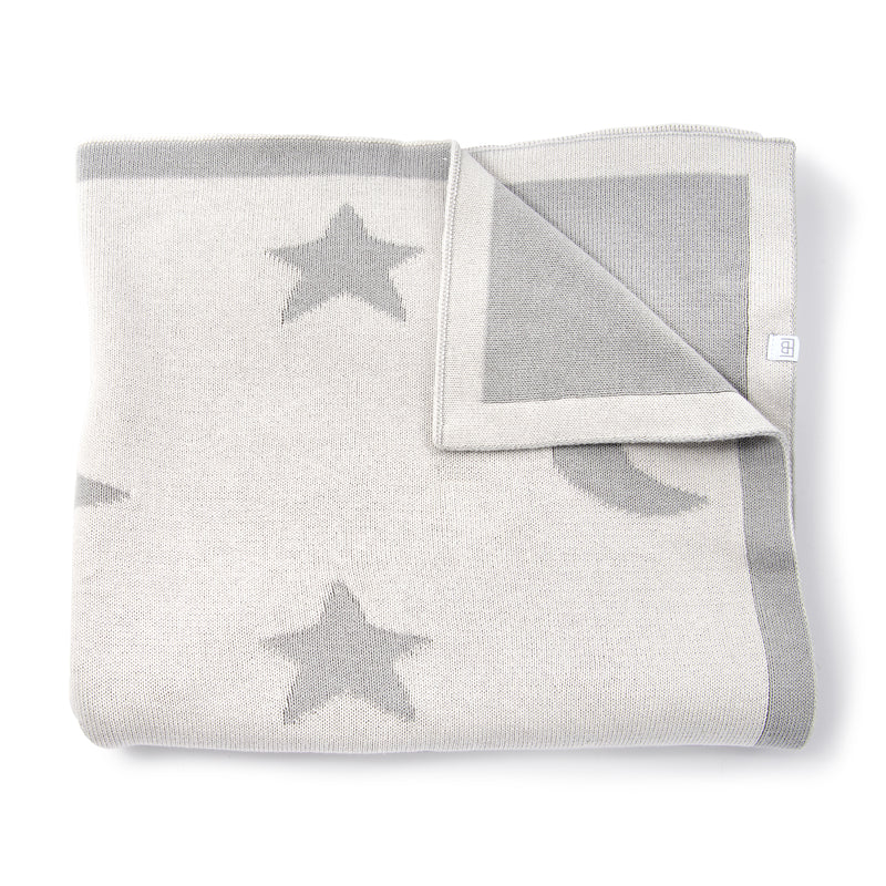 Reversible baby cotton blanket, light gray with gray star print and folded panel