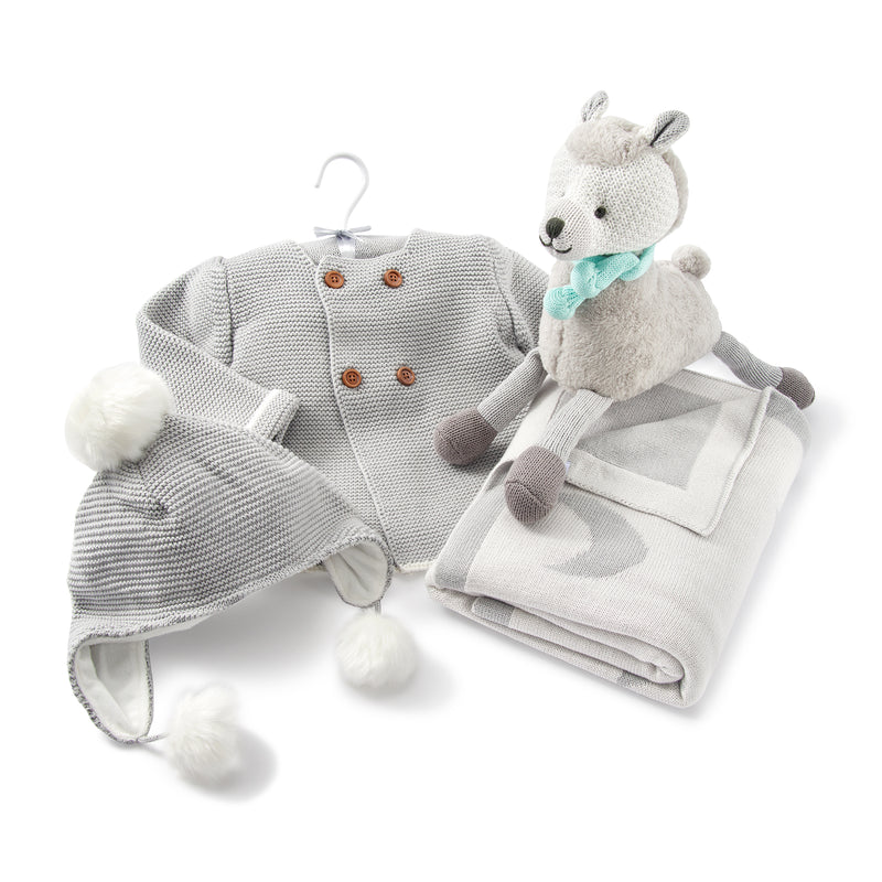 Gray baby knit outfit set with llama plush toy and matching blanket, 12 months
