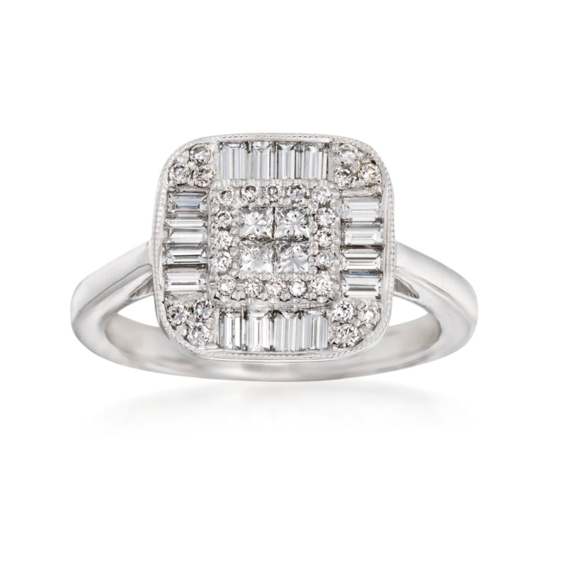 18kt white gold diamond ring with square halo and baguette accents
