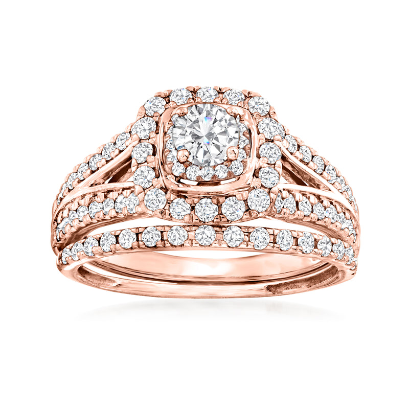 14kt rose gold diamond bridal set with round center stone and pavé bands