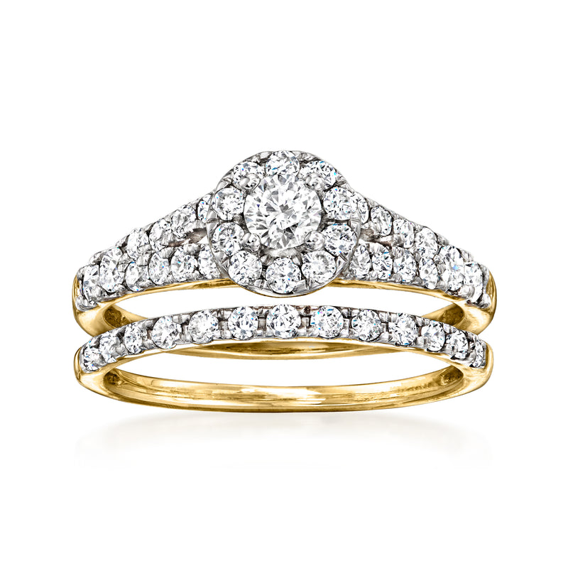 Diamond bridal ring set in 14kt yellow gold with engagement ring and matching band