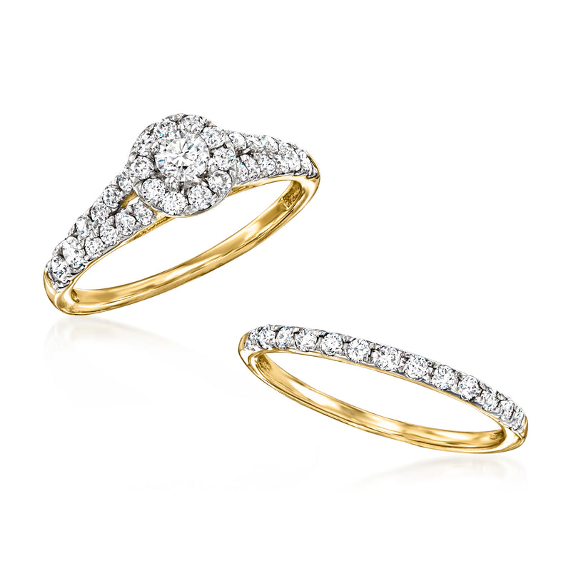 14kt yellow gold diamond bridal set with halo-style top ring and matching band