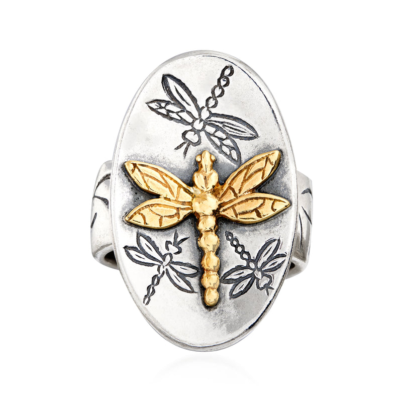 Oval silver dragonfly ring with yellow gold inlay and engraved wing details